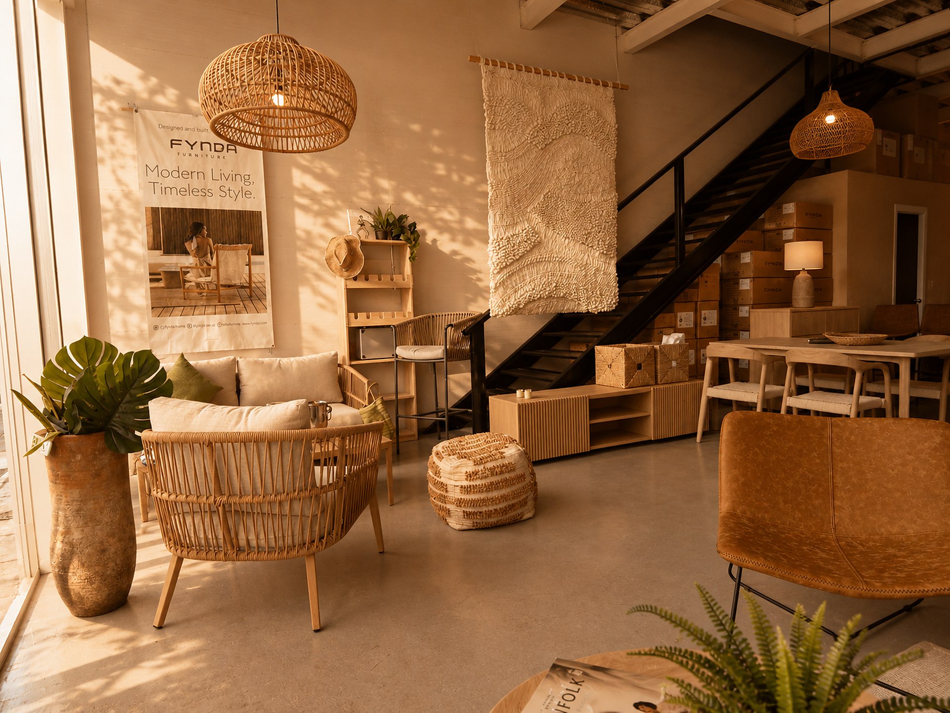 Sala, comedor y piezas de exterior en el showroom FYNA