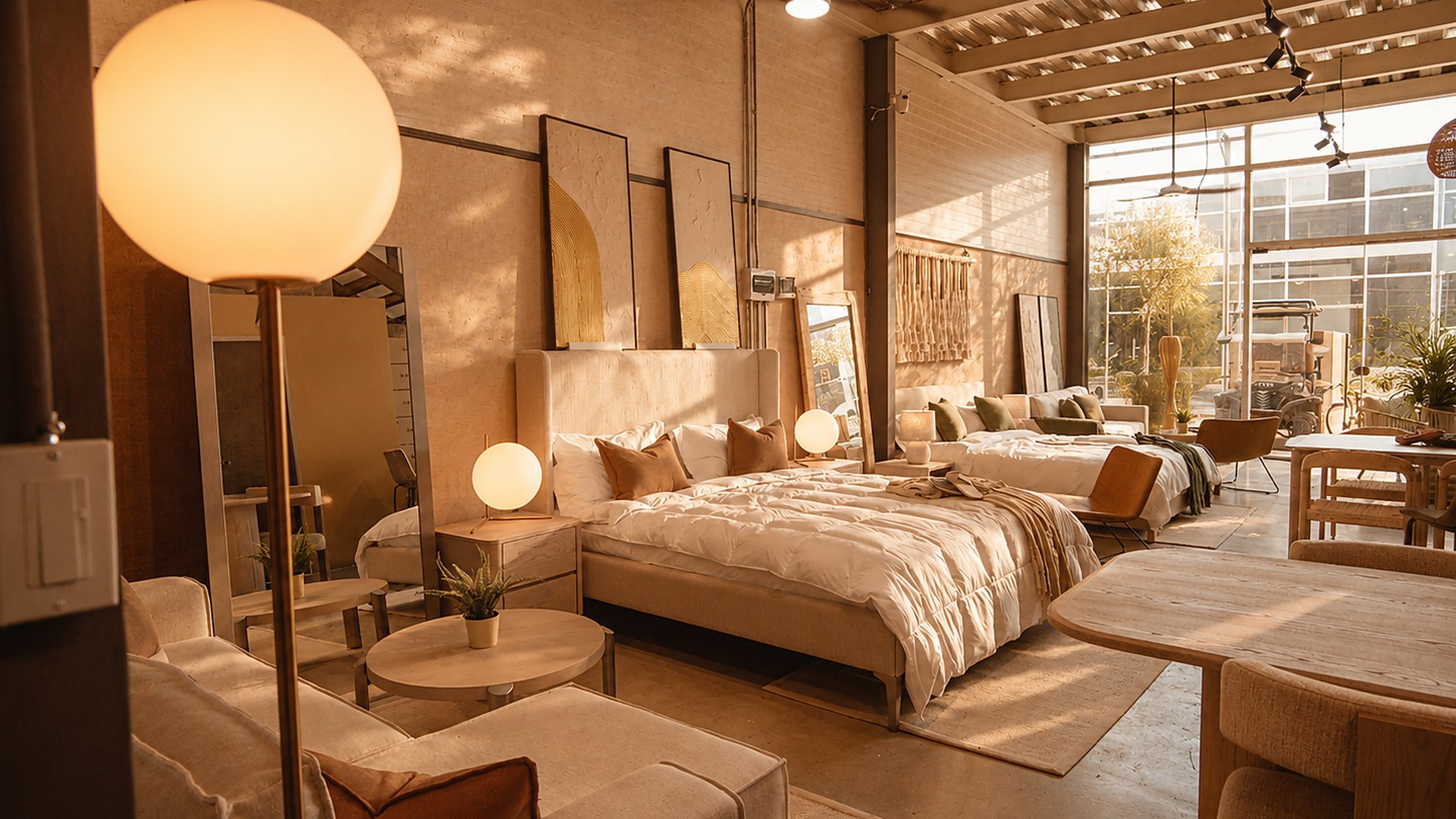 Dormitorio y sala ambientados con mobiliario de FYNA Contractor