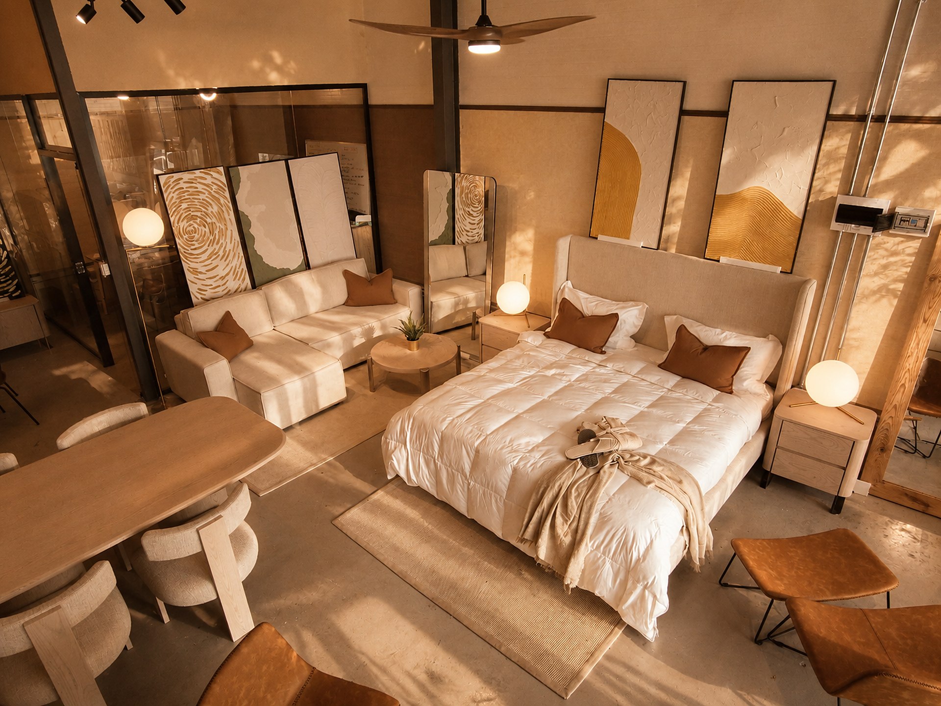 Dormitorio, sala y comedor exhibidos en el showroom FYNA
